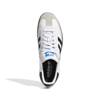 White Adidas sneaker with black stripes on a white background