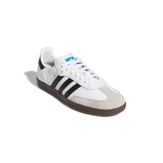 White and gray Adidas sneaker with black stripes on a light gray background