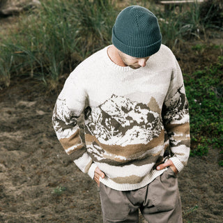 Roark Gaucho Sweater in Khaki with scenic intarsia design and relaxed fit cotton blend knit.