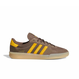 adidas Skateboarding Glenburn x Daewon Shoes in Earth Strata/Crew Yellow/Gum — leather and textile upper, rubber outsole with heel drop-in, lace closure, regular fit for skating and everyday wear