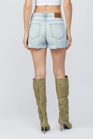 Hidden Jeans Sofie mom shorts, light wash, crossover waist design, 100% cotton, contemporary twist on classic.