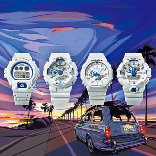 Four G-Shock watches displayed against a colorful abstract background with a car and palm trees.
