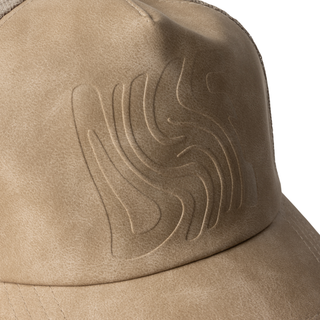 Dime Vortex Trucker Cap in Sand with debossed logo and snapback closure.