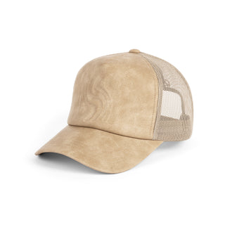 Dime Vortex Trucker Cap in Sand with debossed logo and snapback closure.