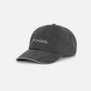 Dime Space Low Pro Cap in Black Washed — stone-washed 100% cotton low-profile snapback with embroidered logos on front crown and back, and cotton sweatband