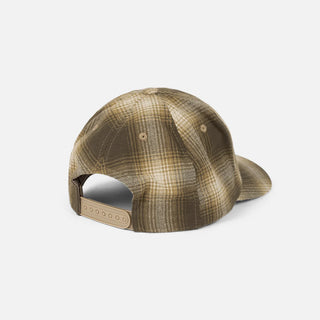 Angled front view of Dime Flannel Low Pro Cap in Brown plaid with a cream embroidered Dime logo and curved brim