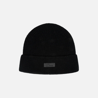 Black Dime ribbed beanie with small white cursive logo.