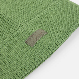 Khaki green Dime ribbed beanie with small white cursive logo.