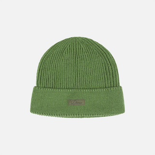 Khaki green Dime ribbed beanie with small white cursive logo.