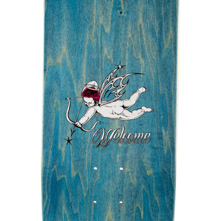 Welcome Skateboards Evan Mock's Pro Skateboard, 8.38 x 32.125 inches, features cherubs on an island illustration by Andrew Snarr in light pink.