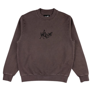 Raisin-colored heavyweight crewneck with Welcome Skateboards spine embroidery, elastic ribbing.