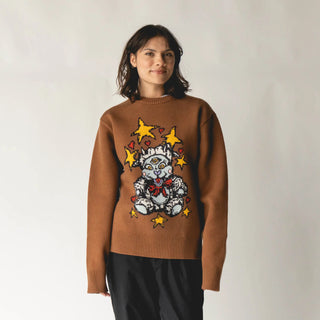 Brown heavyweight knit sweater with jacquard graphic, ribbed collar and cuffs, and logo flag label.