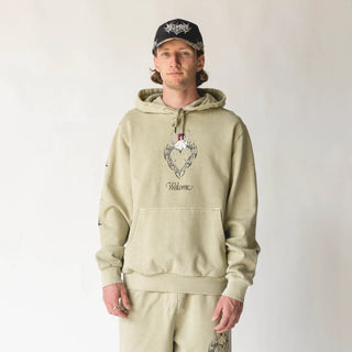 Moss-colored Welcome Skateboards hoodie with halo prints, pouch pocket, and elastic ribbing.