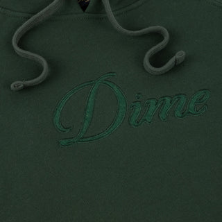 Front view of Dime Cursive Logo Hoodie in Mountain Green with tonal embroidered chest logo, drawstring hood, and kangaroo pocket