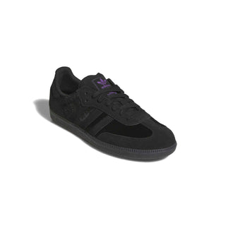 adidas Skateboarding Samba ADV Shoes in Core Black/Core Black — tonal all-black leather upper with reinforced T-toe, grippy rubber cupsole, serrated 3-Stripes, and signature Samba branding