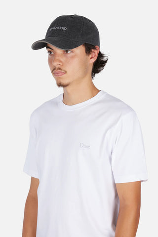 Dime Space Low Pro Cap in Black Washed — stone-washed 100% cotton low-profile snapback with embroidered logos on front crown and back, and cotton sweatband