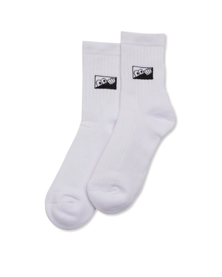 Last Resort White Heel Tab Dress Socks - 85% cotton, 10% polyester, 5% spandex blend, crew length, jacquard knit branding.