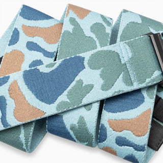 Arcade Belts High Fives Duck Camo Belt in Cove — patented A2 buckle, micro-adjustable REPREVE® stretch webbing, metal-free, duck camo print

