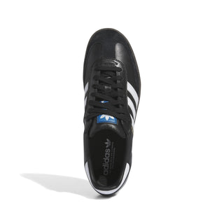 Black Adidas sneaker with white stripes on a white background