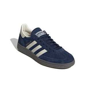 Blue Adidas sneaker with white stripes on a white background