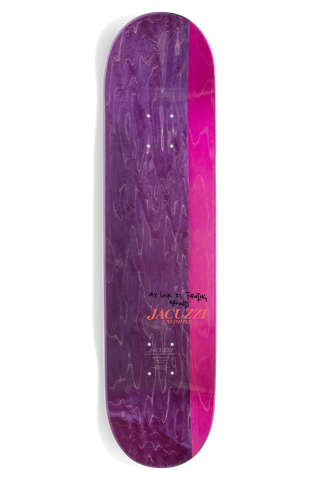 Jacuzzi Unlimited Smash Jet Ski Popsicle Skateboard Deck 8.25 inches, Epoxy 7 Jet Ski Class construction with 7-ply 100% North American Maple and epoxy glue, wider board shorter wheelbase for faster flips, popsicle shape mellow concave steep kick, split top color veneers individually pressed, 31.6 inch length 13.75 inch wheelbase