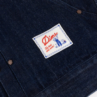 Dime Pleated Denim Jacket in Indigo — 100% cotton with front pleats, custom shanks, hexagon rivets, metal button closure, and woven label branding at hem