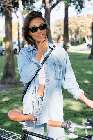 Otis Eyewear Selena sunglasses in Eco Black with Grey mineral glass lenses, bold angular handmade eco acetate frame with Viscottica hinges, stainless steel screws, Category 3 100% UVA UVB protection, 4 base lens curve, 54-18-145mm sizing, fits most face shapes