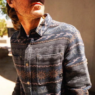 Roark Journey Jacquard Long Sleeve Flannel in Navy with horizontal geometric patterns, a button-front closure, and dual chest pockets