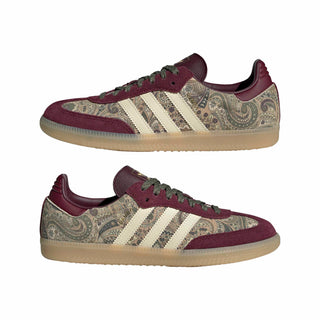 adidas x Liberty London Samba OG in Maroon and Warm Vanilla with paisley graphics and leather upper.