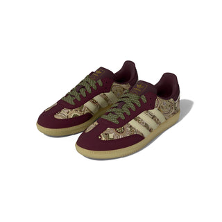 adidas x Liberty London Samba OG in Maroon and Warm Vanilla with paisley graphics and leather upper.