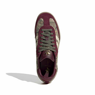 adidas x Liberty London Samba OG in Maroon and Warm Vanilla with paisley graphics and leather upper.