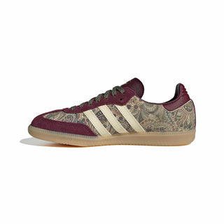 adidas x Liberty London Samba OG in Maroon and Warm Vanilla with paisley graphics and leather upper.