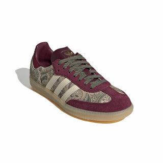 adidas x Liberty London Samba OG in Maroon and Warm Vanilla with paisley graphics and leather upper.