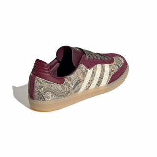 adidas x Liberty London Samba OG in Maroon and Warm Vanilla with paisley graphics and leather upper.