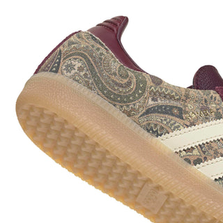 adidas x Liberty London Samba OG in Maroon and Warm Vanilla with paisley graphics and leather upper.