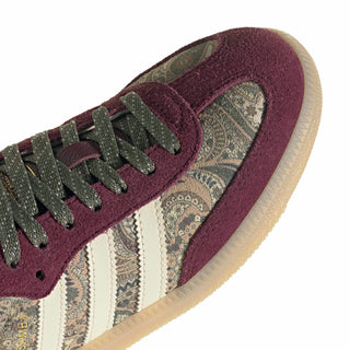 adidas x Liberty London Samba OG in Maroon and Warm Vanilla with paisley graphics and leather upper.