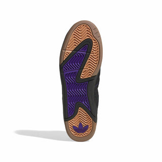Side view of the adidas Skateboarding Kader shoe in Core Black with Collegiate Purple stripes and Gold Metallic Kader lettering