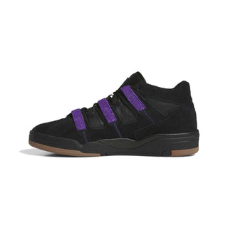 Side view of the adidas Skateboarding Kader shoe in Core Black with Collegiate Purple stripes and Gold Metallic Kader lettering