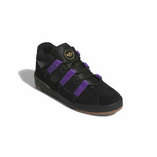 Side view of the adidas Skateboarding Kader shoe in Core Black with Collegiate Purple stripes and Gold Metallic Kader lettering
