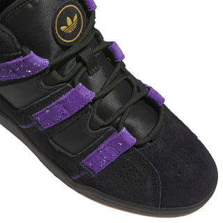 Side view of the adidas Skateboarding Kader shoe in Core Black with Collegiate Purple stripes and Gold Metallic Kader lettering