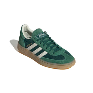 adidas Originals Handball Spezial in Collegiate Green/Off White/Blanch Green — soft suede and textile upper with rubber outsole, lace closure, and Trefoil tongue logo rooted in the iconic 1979 heritage.

