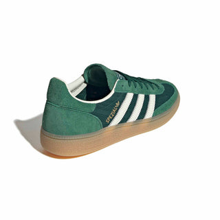 adidas Originals Handball Spezial in Collegiate Green/Off White/Blanch Green — soft suede and textile upper with rubber outsole, lace closure, and Trefoil tongue logo rooted in the iconic 1979 heritage.

