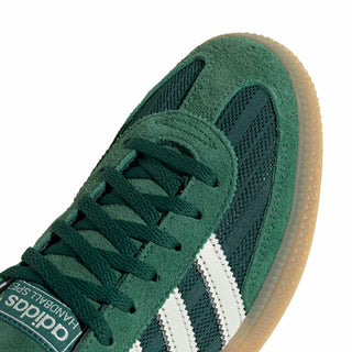 adidas Originals Handball Spezial in Collegiate Green/Off White/Blanch Green — soft suede and textile upper with rubber outsole, lace closure, and Trefoil tongue logo rooted in the iconic 1979 heritage.

