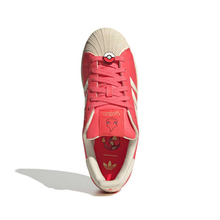 adidas Originals Pokémon Superstar II "Charmeleon" in Preloved Scarlet/Preloved Scarlet/Cream White — full leather upper with Charmeleon scale-like skin texture, 3-Stripes shaped into claws, Charmeleon character on tongue label, sockliner, and lace jewel