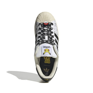 adidas Originals Pokémon Superstar II "Pikachu" in Footwear White/Core Black/Gold Metallic — leather upper with shelltoe design, Pikachu character visuals, Pokéball laces, Pikachu tail lace jewel, padded tongue and heel, rubber outsole