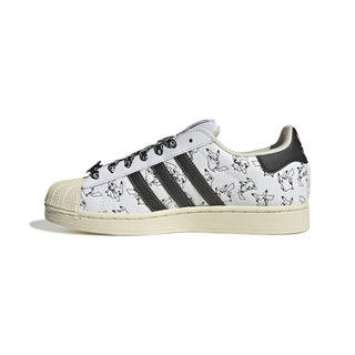 adidas Originals Pokémon Superstar II "Pikachu" in Footwear White/Core Black/Gold Metallic — leather upper with shelltoe design, Pikachu character visuals, Pokéball laces, Pikachu tail lace jewel, padded tongue and heel, rubber outsole