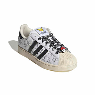 adidas Originals Pokémon Superstar II "Pikachu" in Footwear White/Core Black/Gold Metallic — leather upper with shelltoe design, Pikachu character visuals, Pokéball laces, Pikachu tail lace jewel, padded tongue and heel, rubber outsole
