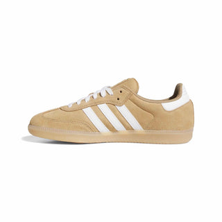 Beige Adidas sneaker with white stripes on a white background