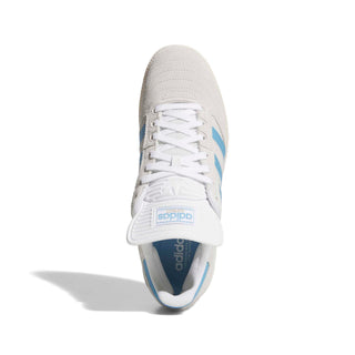 adidas Skateboarding Busenitz Pro in Grey One/Light Blue/Chalk White — suede and synthetic upper, Geofit padded collar, recessed eyelets, textile lining, and pivot-point rubber cupsole