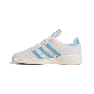 adidas Skateboarding Busenitz Pro in Grey One/Light Blue/Chalk White — suede and synthetic upper, Geofit padded collar, recessed eyelets, textile lining, and pivot-point rubber cupsole